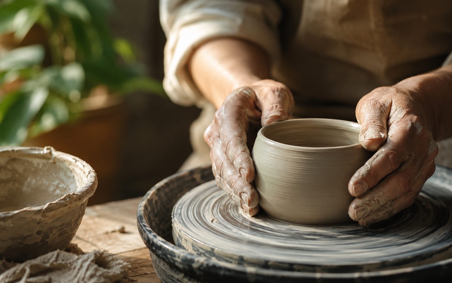A potter shaping a clay vessel by hand in warm natural light